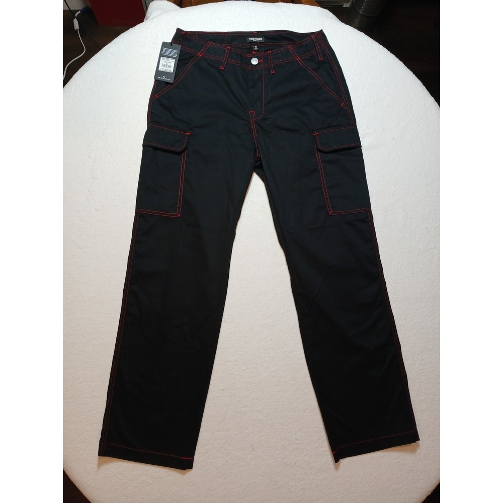 True Religion Men's Cargo Pants 32 Jet Black Red Contrast Stitch 108335 NWT